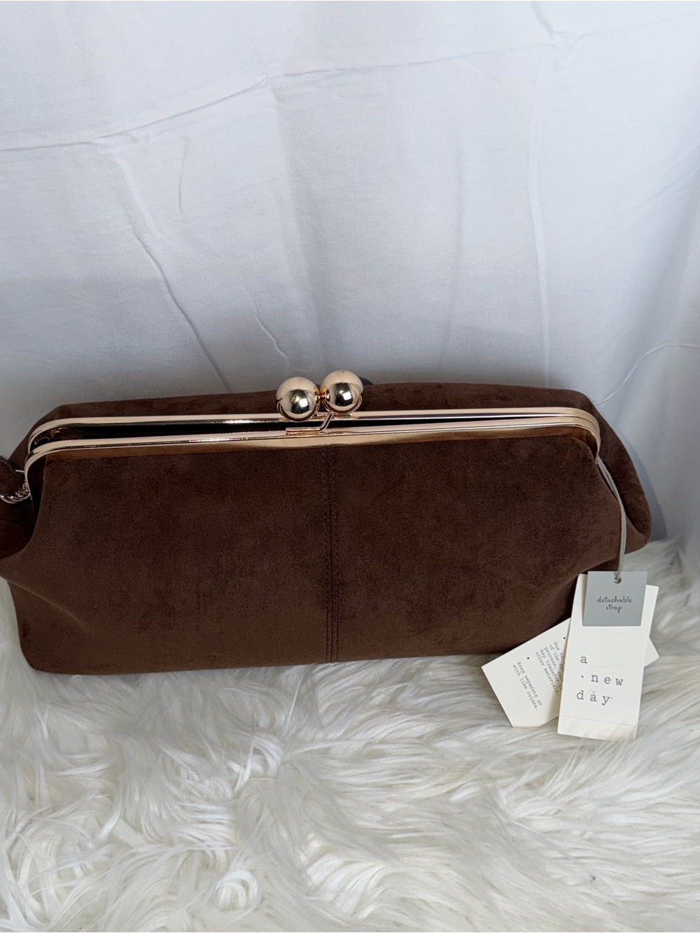 a new day Brown Suede Kiss-Lock Clutch with Gold Frame